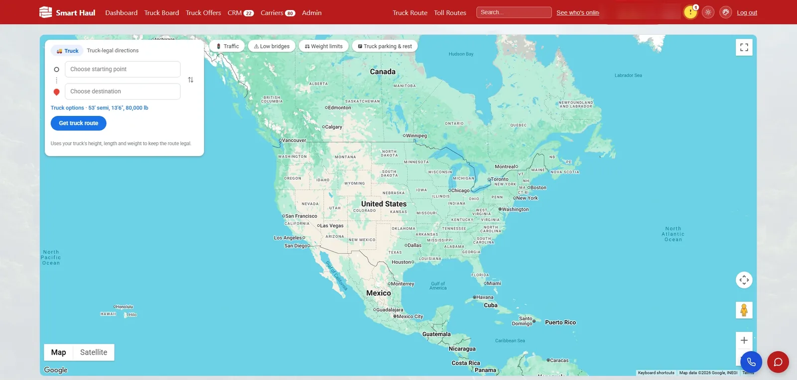 Truck-legal routing: a North America map with start and destination fields and toggles for traffic, low bridges, weight limits and truck parking.